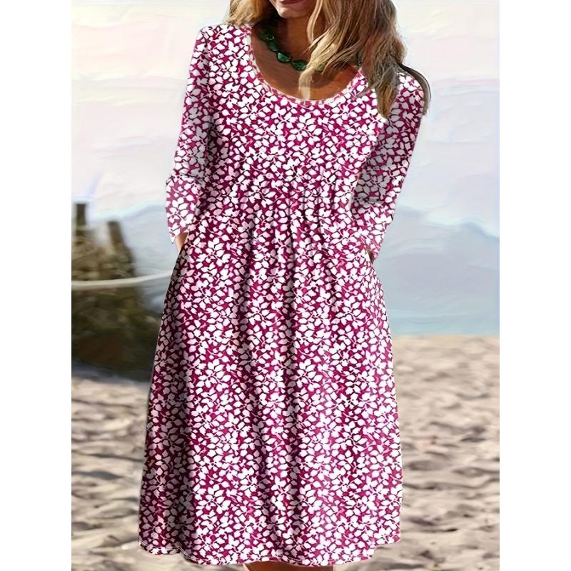 

YYFS Женская мода Весна Осень Цветочный принт Длинный рукав U-образный вырез Свободная талия Повседневные платья XXXXXL красный