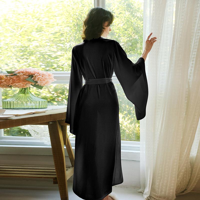 Sweet Satin Open-Front Robe: Deep V, Light Luxury, Tie-Waist, Wide Sleeves Homewear.
