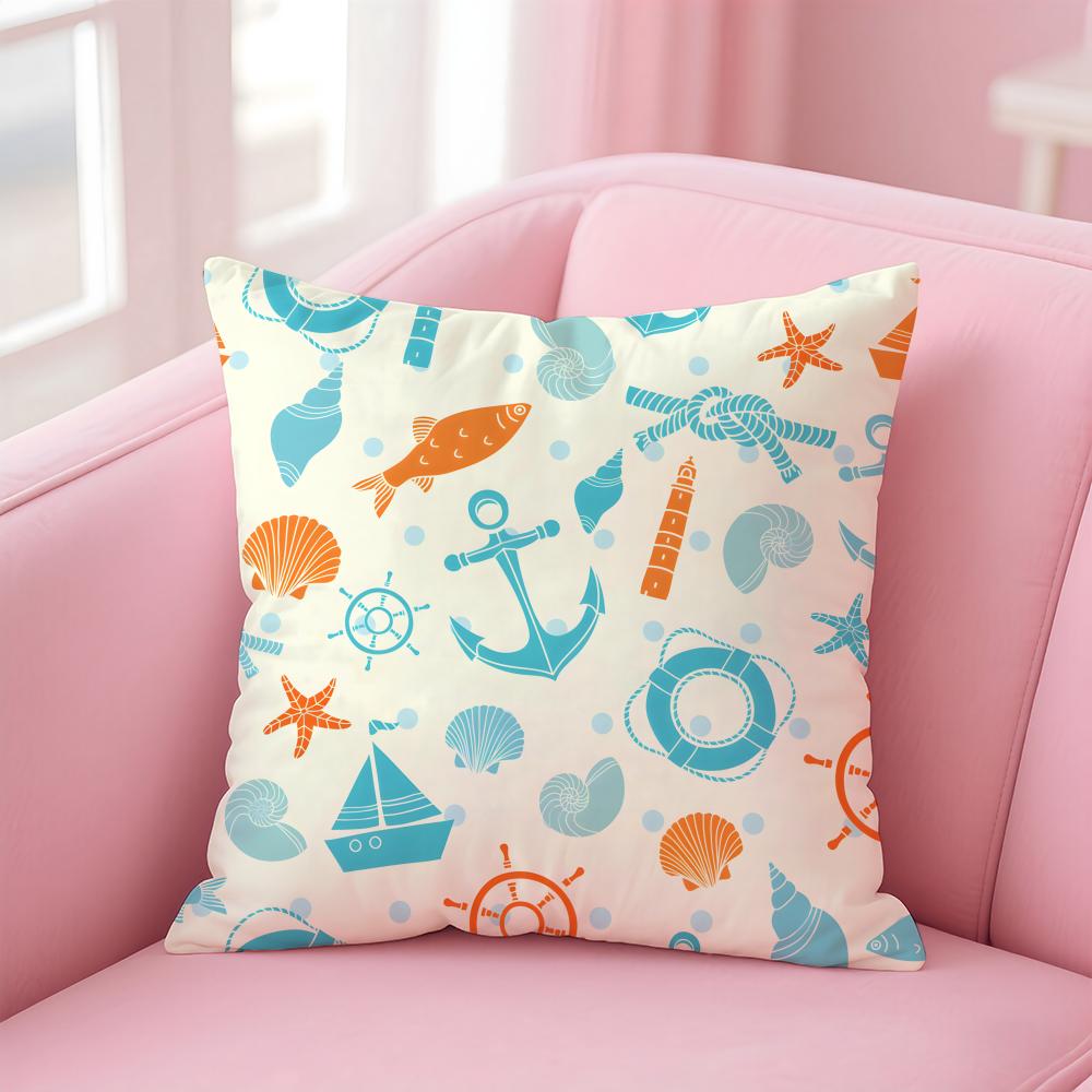 Casual Blue Maritimethemed Pattern Cushion Cover Pillowcase Short Plush Invisible Zipper Room Sofa Cushion Cover