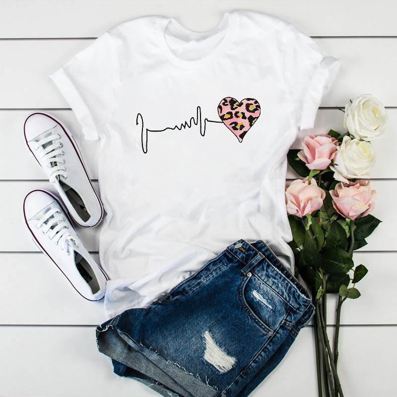 

Leopard Graphics T-Shirt Love Shape Printed 90 s Girl Harajuku Tshirt Short Sleeve Casual Tee Shirt Lady XXXL білий