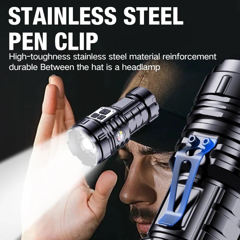 Mini Bright Flashlight Rechargeable Magnetic Clip Small Torch 12 Modes Multi-function Work Light Portable Outdoor Emergency Lamp