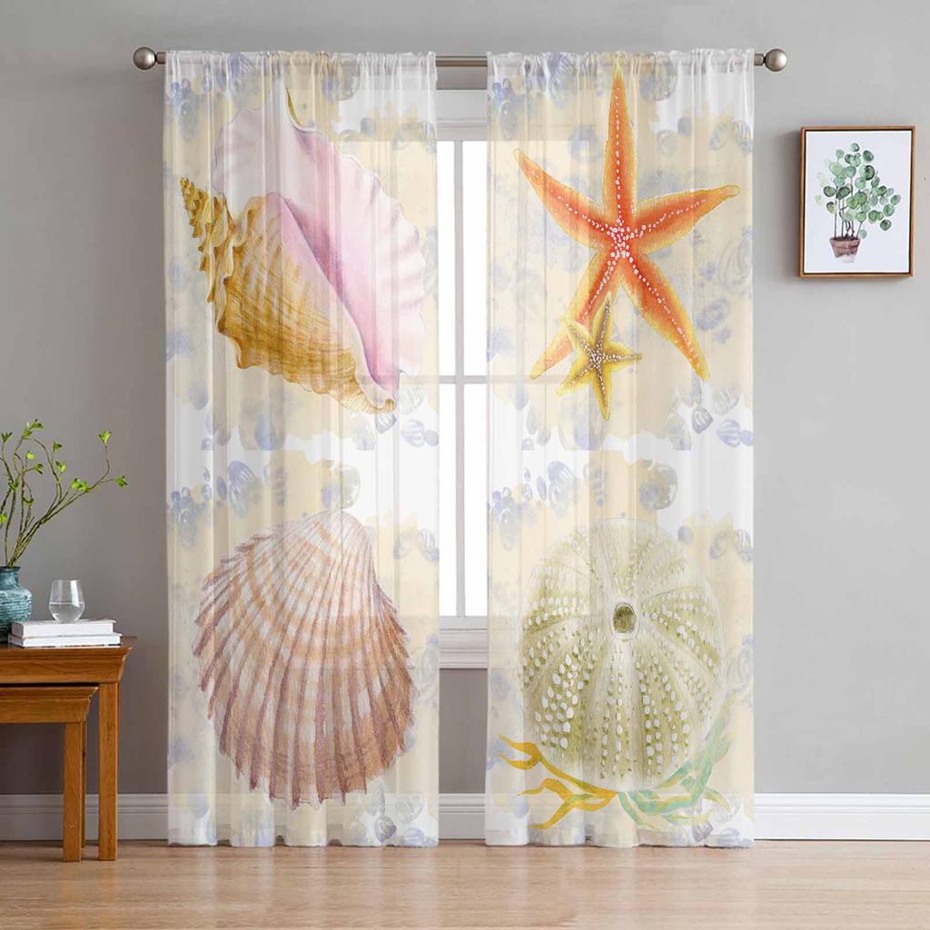 Retro Aquarell Seeigel Schale Seestern Ozean Transparente Vorhänge Modernes Gazevorhang für Wohnzimmer Schlafzimmer Voile Garn Vorhänge