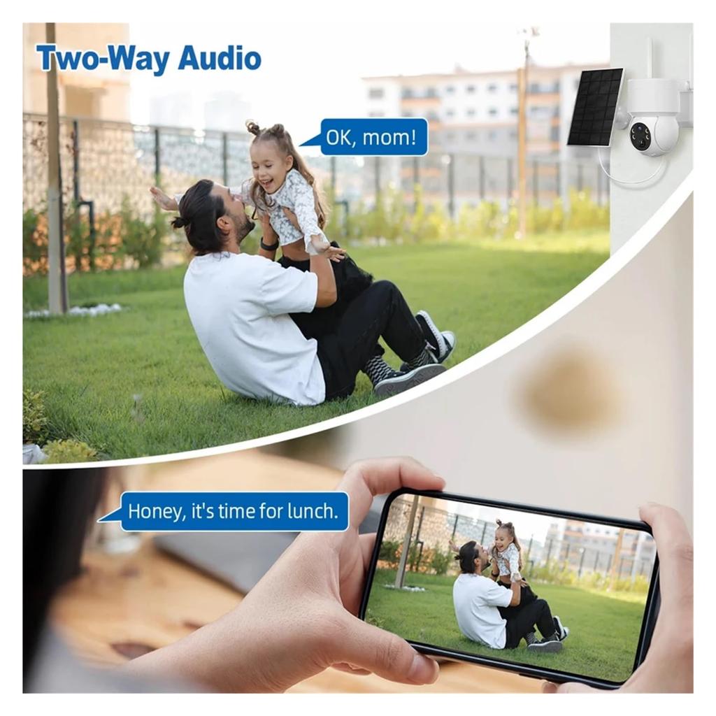 Caméras de Sécurité Solaires Sans Fil Extérieur, Caméra WiFi 2K 2.4G avec Panneau Solaire et Alimentation par Batterie, Vision Nocturne Couleur avec Projecteur, PTZ 360°
