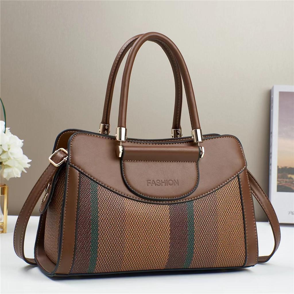 Women's Tote Bag with Brown and White Striped Design, Casual Handbag Large Capacity Top-Handle Bag For Commuting Shopping