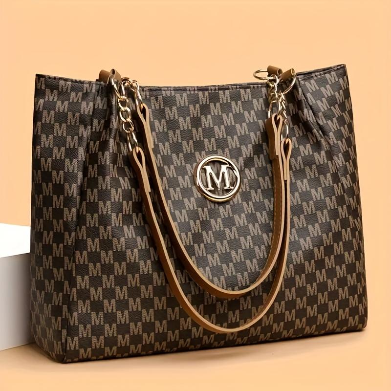 Ladies' PU Retro M Print Large Capacity Spring and Summer Travel Vacation Zipper Switch Shoulder Bag, Crossbody Bag, Handbag, Tote Bag
