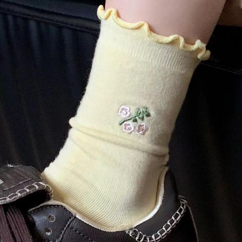 

Женские весенне-летние жаккардовые носки с кружевной отделкой с рюшами и однотонные носки-гольфы 1 pair жёлтый