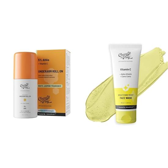 Chemist At Play UnderArm Roll-On Deodorant with 5% AHA, Lactic Acid & 1% Mandelic Acid Vegan| 40ml Brightening Boost Face Wash with 30x 100 Ml