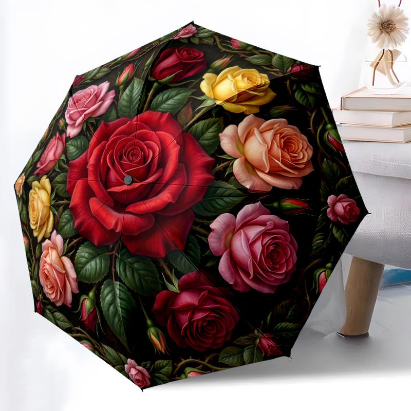 1pc Sturdy 8-Bone Auto Umbrella, Mixed Rose Bouquet Umbrella, Digital Printed, Foldable Umbrella for On-the-Go Outdoor Use