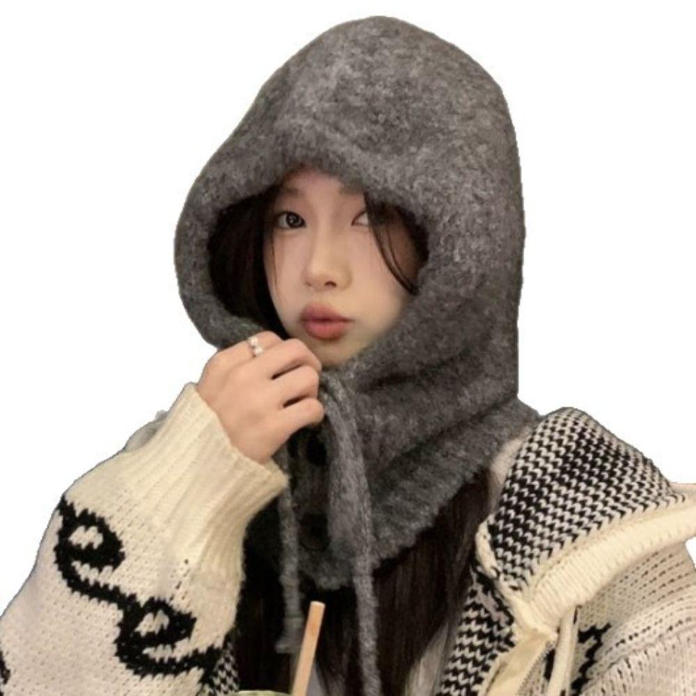 Hat and Scarf Integrated Knitted Pullover Hat Solid color Windproof Cap Knitted Beanies Outdoor