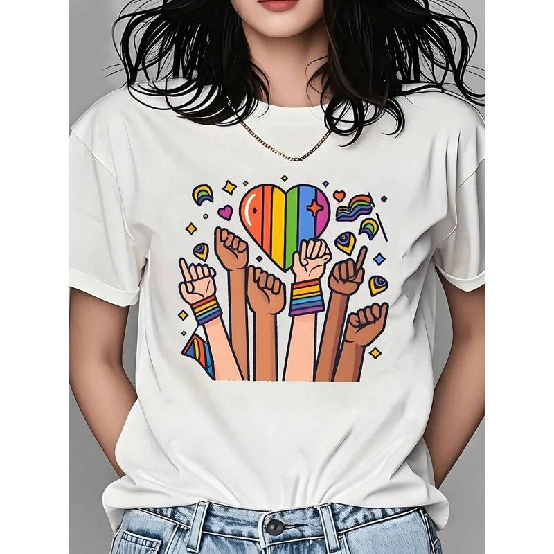 Women's T-Sleeve Rainbow Letter Pattern Printing Retro Fashion Round Neck Short-Sleeved Women's Clothing