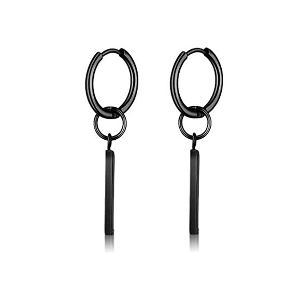 2pcs/set Black Or Silvery Unisex Punk Stainless Steel Cross Cone Feather Chain Pendant Hoop Earrings Ear Stud Jewelry Set