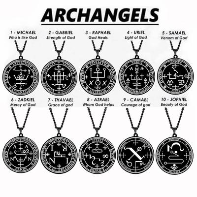 Archangel MICHAEL GABRIEL RAPHAEL URIEL SAMAEL Seal Amulet Talisman Sigil of Angelic Stainless Steel Black Pendant Necklace