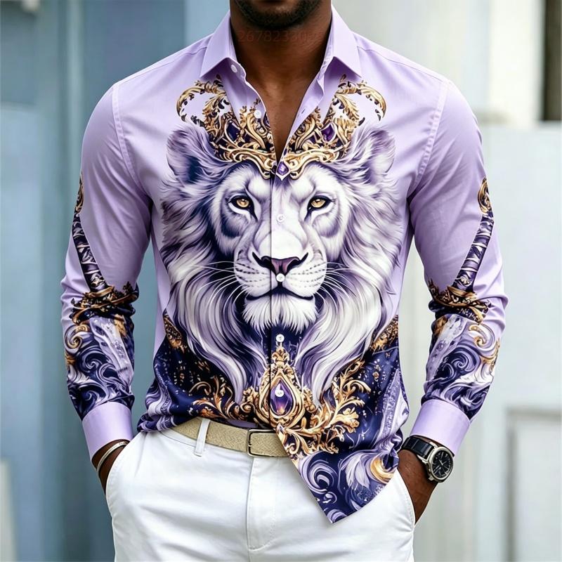 Camicia da uomo a maniche lunghe con colletto camicia Stampa Re Leone camicia business casual alla moda casual taglia grande vestibilità aderente top da uomo