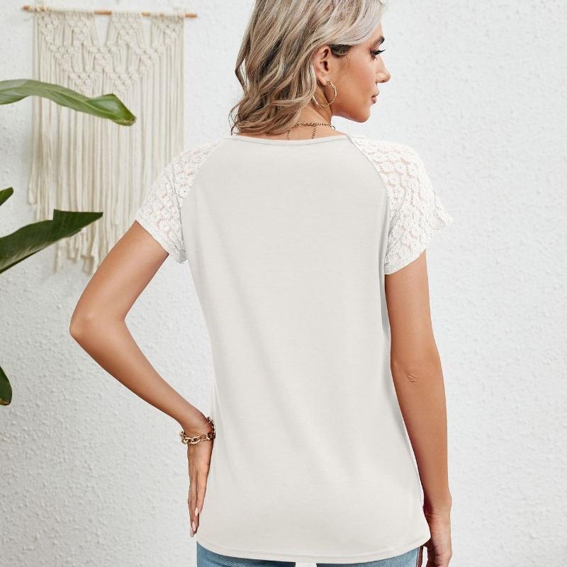2024 Summer Lace Short Sleeve Loose Blouse for Women Fashion Solid Round Neck Casual Shirt Women Tops Elegant Simple Plus Size Female Blouses 24314