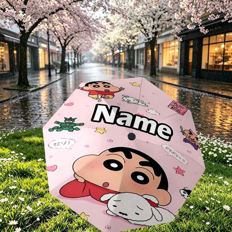 Custom Name Personalized Crayon Shin Print Umbrella, Auto Open Close, 8‑Rib Sturdy Frame, Commute Camping Hiking Use, Birthday Gift