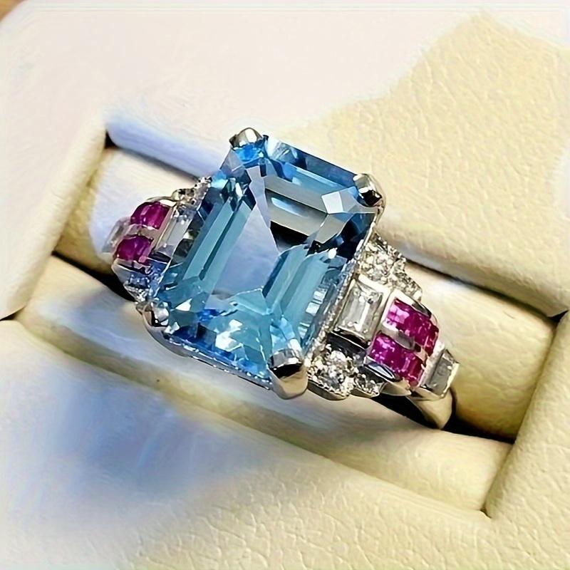 Elegant Ocean Blue Cubic Zirconia Engagement Ring - Vintage-Inspired White Gold Plated, Perfect for Weddings  Evening Parties 7 морской синий
