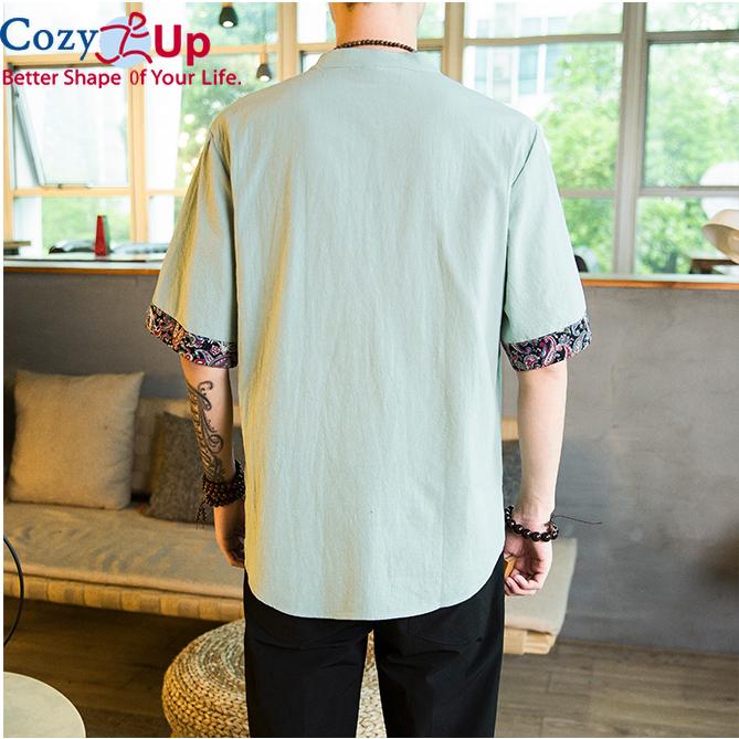 Cozy Up Chinesischer Stil 1/2 Ärmel Freizeithemd Herren Slim Stehkragen Stickerei Baumwolle und Leinen