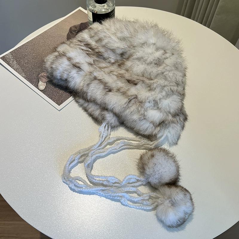 

Autumn and Winter Rabbit Fur Hat Women s Versatile Real Hair Woven Cute Ball Warm Hat Ear Hat Windproof and Cold One Size