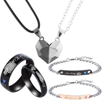 3 Pair Couples Necklace Bracelet His Queen Her King Promise Ring Set Necklace