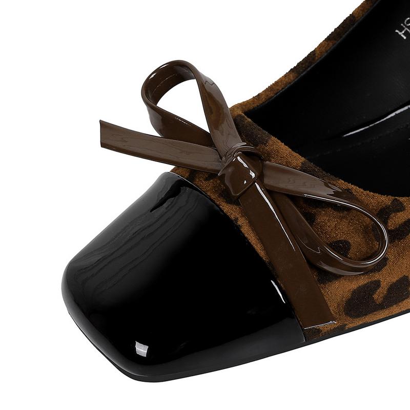 New leopard print Women Pumps bowknot Mary Jane shoes Square Suede Thick Heel Ladies shoes Rhinestone buckle Women heels 5 CM