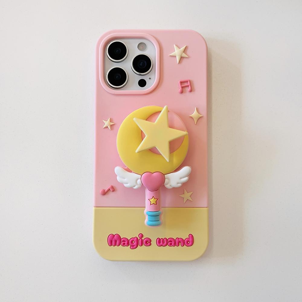 

Japan Ins Cute 3D Cartoon Moon Star Magic Wand Bracket Soft Silicone Case for iPhone 16 15 14 13 12 Pro Max Stand Holder Cover iPhone 16 Pro Max рожевий