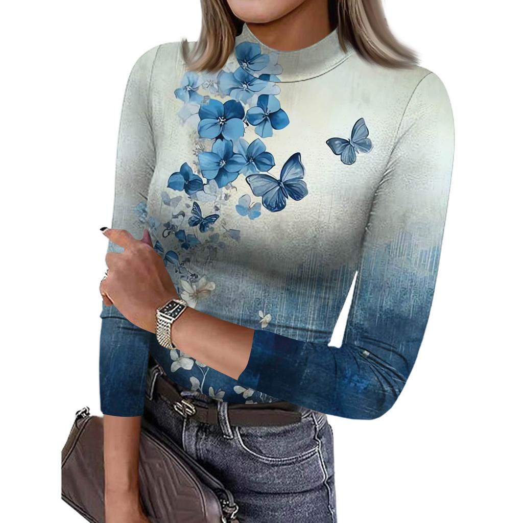 Damen Slim Bottom T-Shirt Mode Lässig Farbverlauf Druck Rundhals Pullover 3/4 Ärmel Top