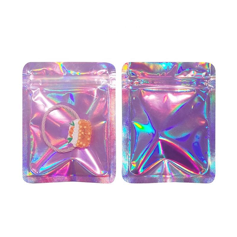 100 PCS Holographic Gift Aluminum Foil Zip  Bag  Food Storage Pouch One Side Clear Customized Cookie Bags Small Ziplock Pouch