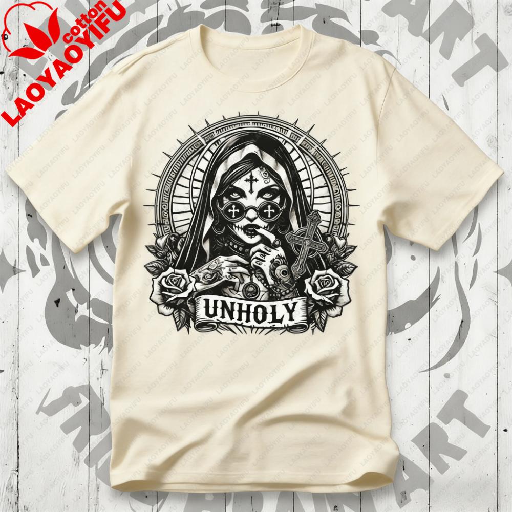 

Unholy Nun TShirt Gothic Satan Baphomet Halloween Shirt Vintage Aesthetic Clothes Graphic T Shirts Y2k Top High Quality Cotton 3XL