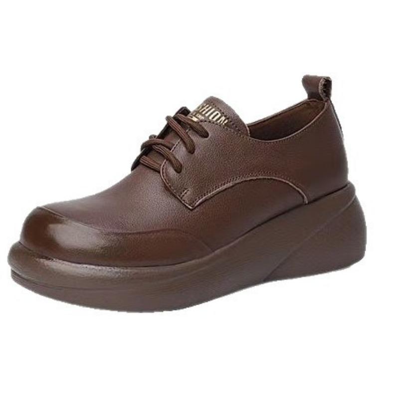 Spring and Autumn New Platform Shoes Round Head Lace-up Flat Bottom Non-slip Small Leather Shoes Platform Slope Heel Single Shoes Women's Models