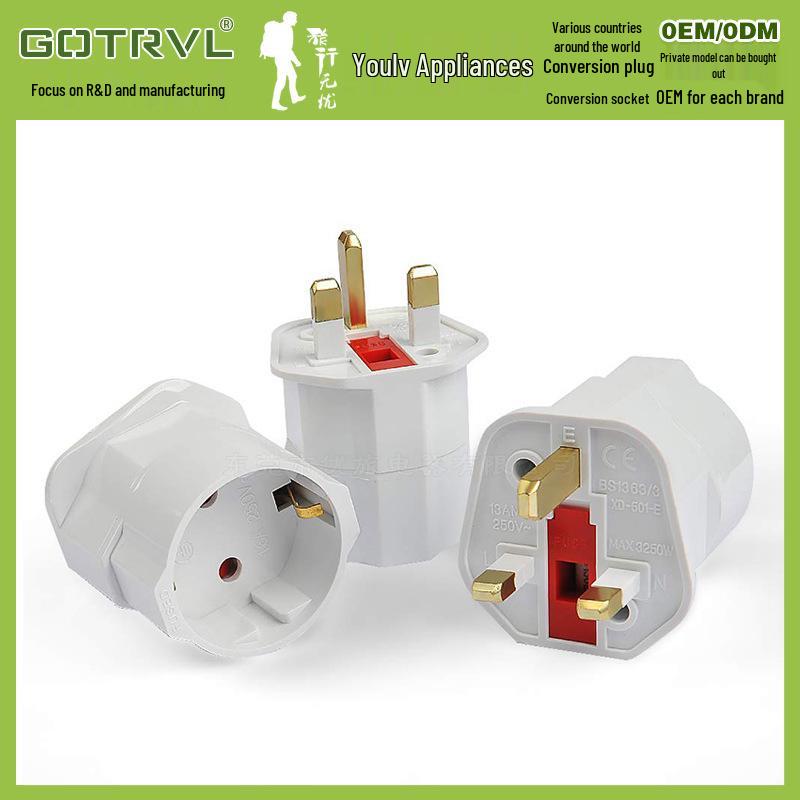 European To UK Plug Adapter 1310: Grounded Plug with Fuse for EU To British Conversion