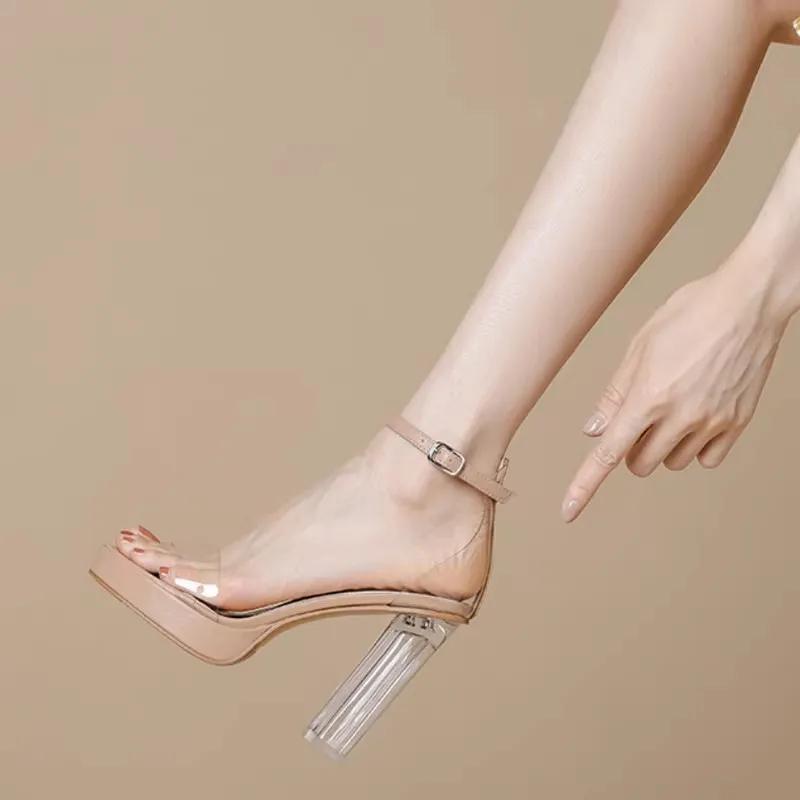 11CM Summer Ankle Buckle Strap Open Toe CRYSTAL Transparen Platform Square Heels Women's Sandals Nightclub Shoes