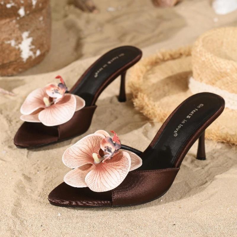 

Women High Heel Mules with Flower Decoration, Pointed Open Toe Stiletto Slippers Elegant Banquet Party Sandals for Women Fashion 42 чорний
