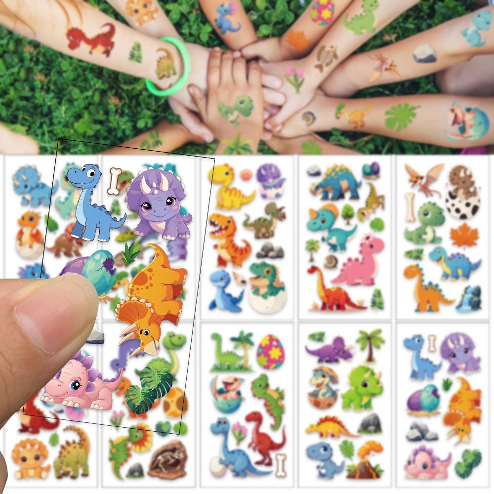 10 folhas de adesivos de tatuagem de dinossauro fofos com desenho animado para rosto, braço e corpo, adesivos temporários à prova d'água para festa infantil, presentes
