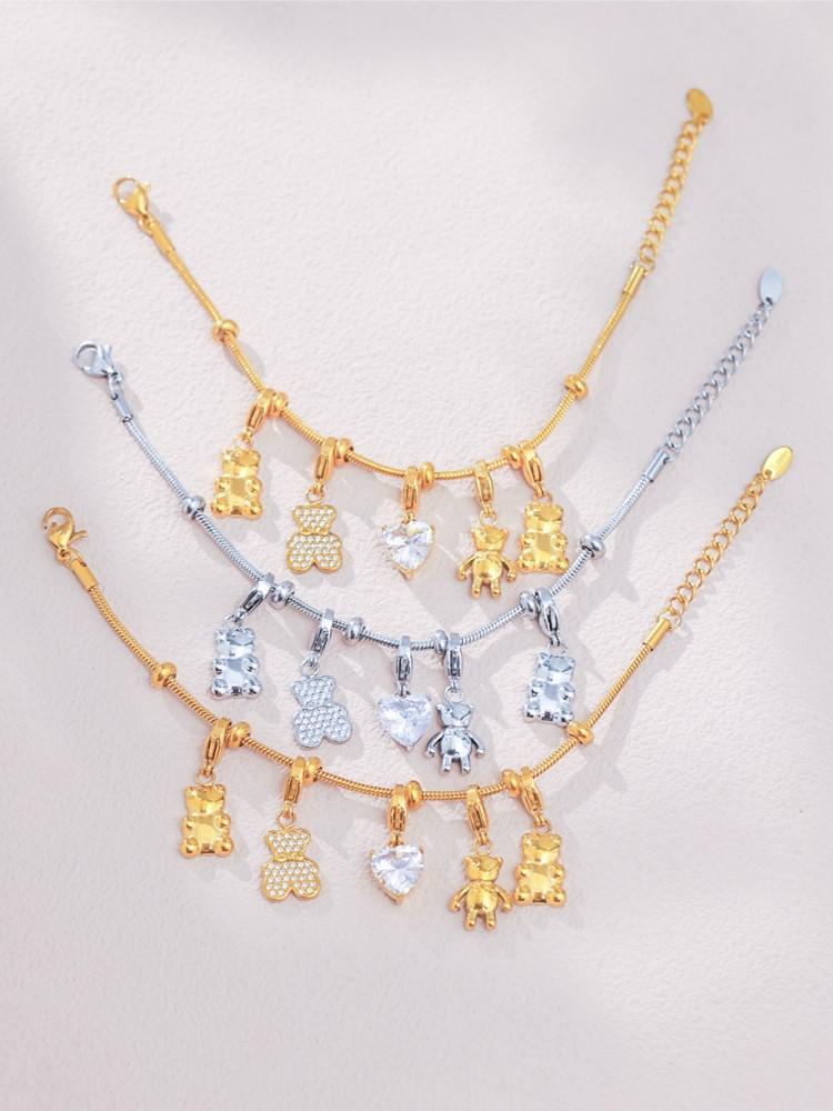 Stainless Steel Multi Bear Charms Bracelets For Women 18k Gold Plated Waterproof Non Tarnish Women's Removable Charm Bracelet