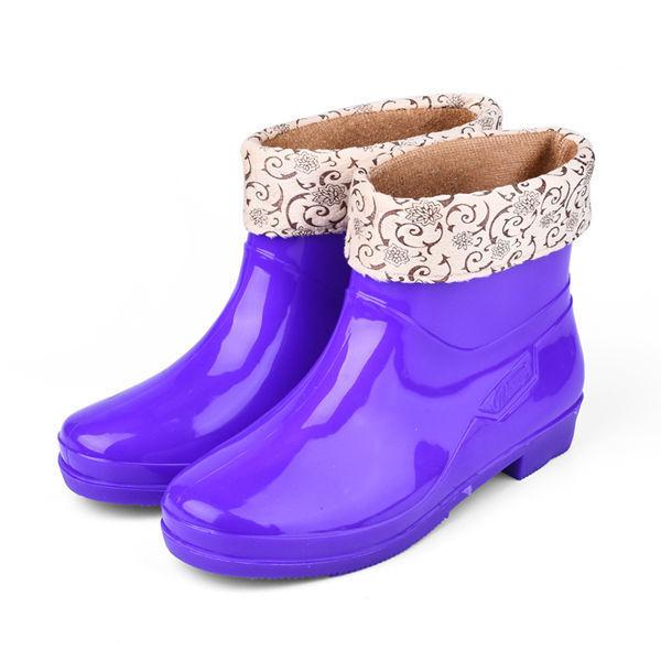 Feerldi Purple Women Waterproof boots Low Heels Colorful Polka Dot Rain boots for women Plush Warm Water Shoes