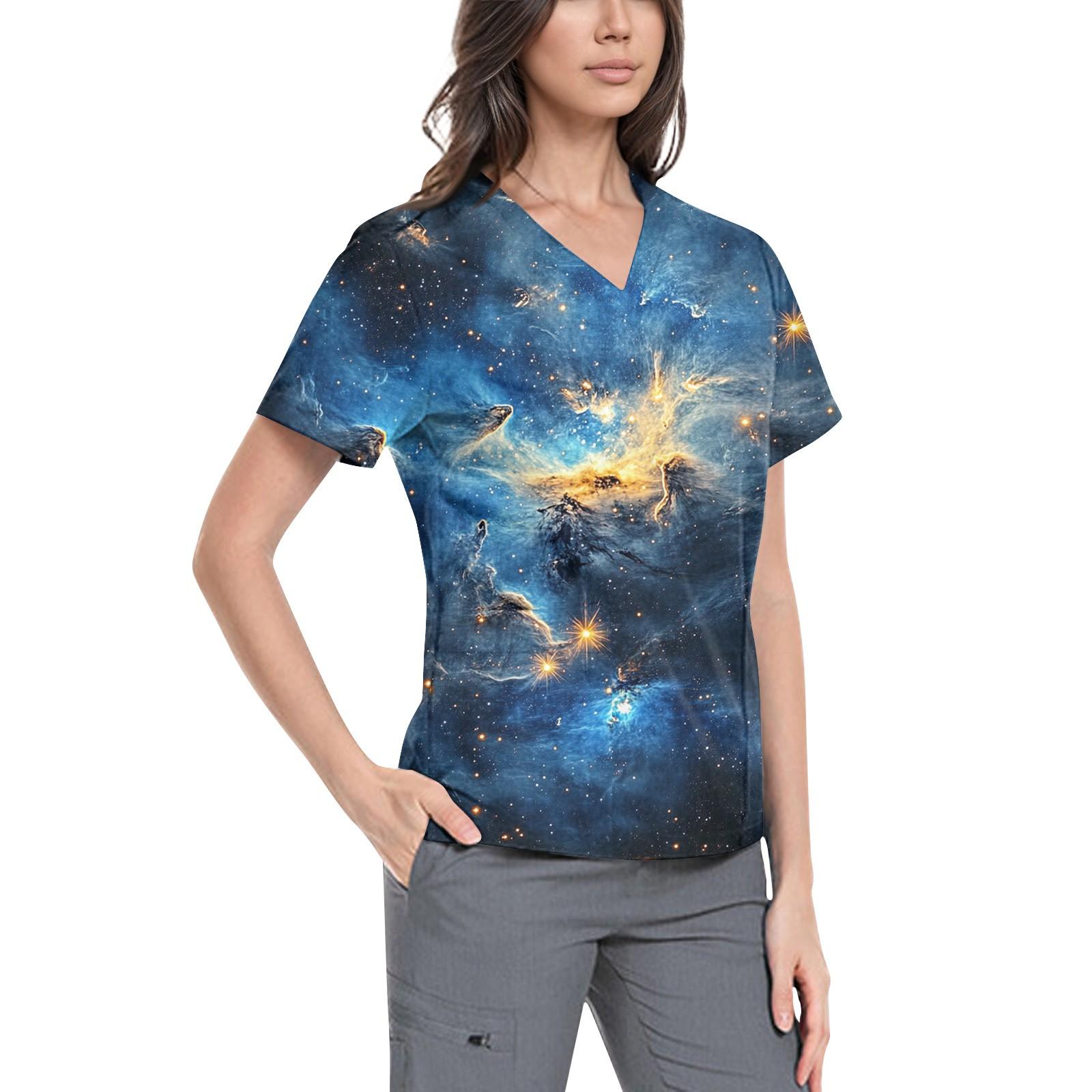 

Женская симпатичная принтованная рабочая одежда с V-образным вырезом, двухслойными карманами, базовым коротким рукавом, пуловером XL небесно-голубой