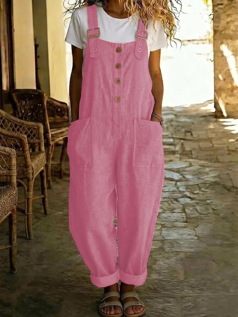 2026 Cotton Linen Retro Pocket Straight-Leg Overalls for Women