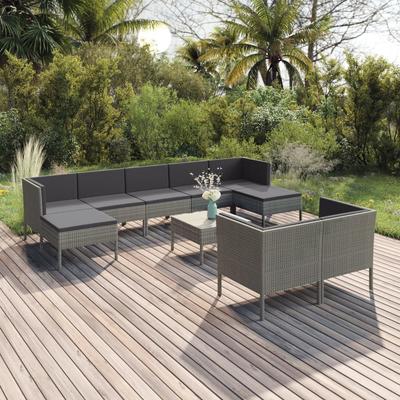 Vidaxl 10-Cz. Garden Lounge Set, Cushions, Grey PE Rattan