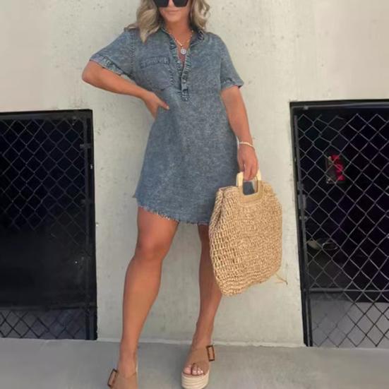 Damen Sommer Denim V-Ausschnitt Ärmel A-Linie Zerrissener Saum Kurzes Kleid Revers Über Knie Länge Brusttasche