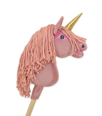 Hobby Horse Unicorn On a Stick, Small, Dusty Pink with Pink Mane and Gold Horn