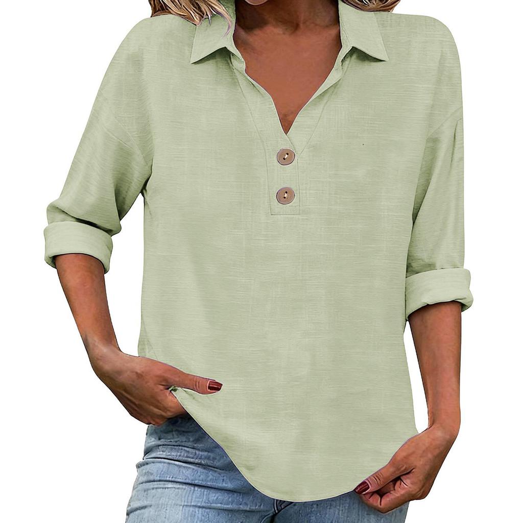 Women's Seven-Sleeve Cotton Linen Lapel Shirt - Solid Color, Casual, Breathable