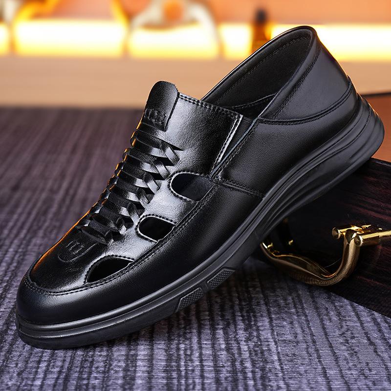 

Fashion 2025 Spring Summer New Breathable Hallow Sandals for Men Fashion Casual Solid Color Soft Leather Shoes Man 38 чёрный