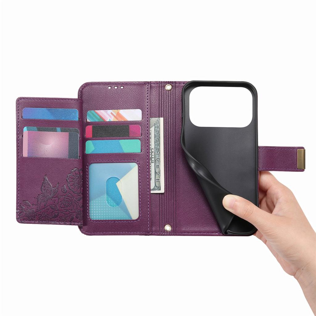 For iPhone 17 Pro Case Floral Leaf Pattern Multi Card Slots Zipper Leather Phone Cover with Wrist Strap