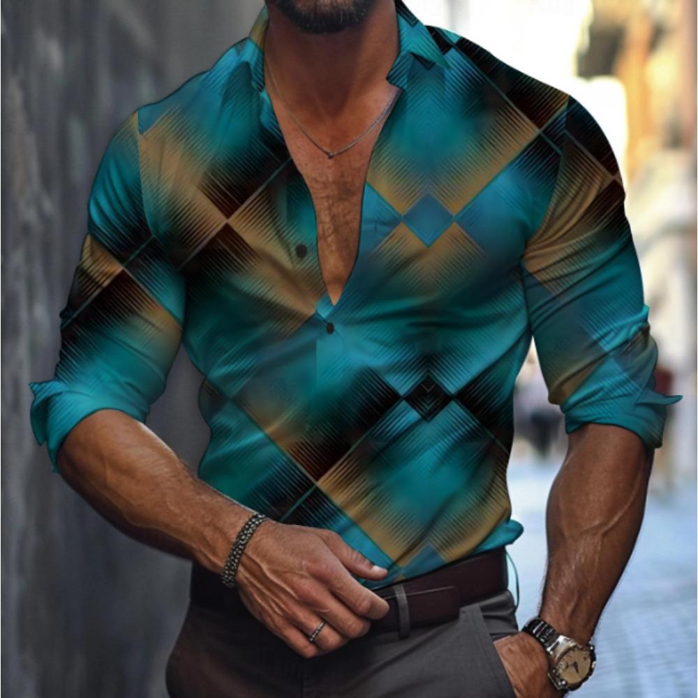 Herren Hemden mit geometrischem Muster Langarm Lässiger Cardigan Neue Knöpfe Urlaubsmode Hemden