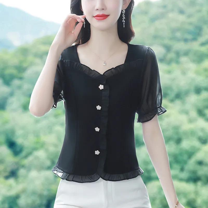French Square Collar Ruffled Chiffon Top for Women Summer New Style Temperament High-end Versatile Western Style Shirt
