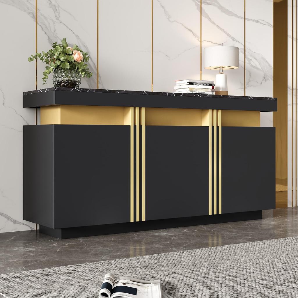 Sjenk, kjøkkenskap, 3 dører, moderne buffetbord arbeidsplate, justerbar hylle, stue, spisestue, gang, marmoroptikk, svart