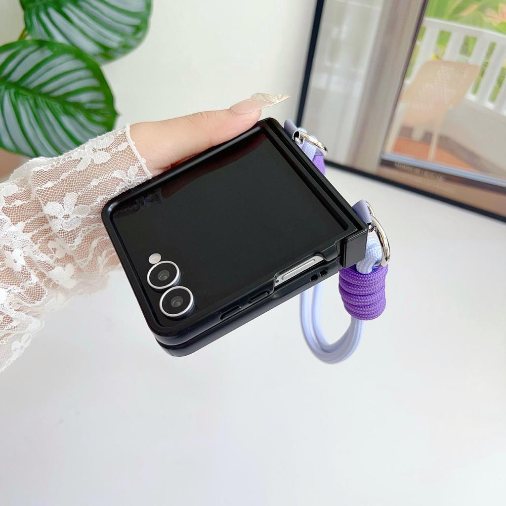 Samsung ZFlip7 Leder Handyhülle mit farbig gewebtem Seil - Passend für ZFlip6/5, Einfarbig, Faltbares Bildschirm-Backcover