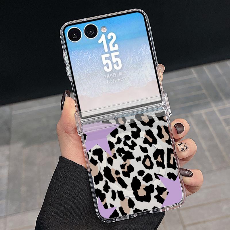 With Hinge Magnetic Phone Case For Samsung Z Flip 8 7 FE 6 5 4 Creative Leopard Print Hard Folding Phone Cover For Galaxy Z Flip8 Flip7 Flip6