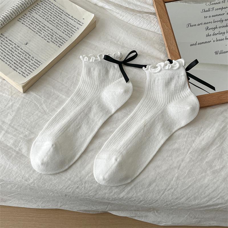 

Женские весенне-летние носки из чистого хлопка на тонком каблуке с ручным бантом в стиле колледжа, с деревянным ушком сбоку, низкие 1 pair белый