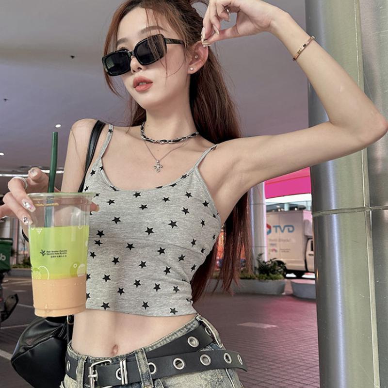 Women Vest Star Pattern Casual Tank Tops For Girls Y2K Tees Leisure T-shirts Backelss Square Neck Vest